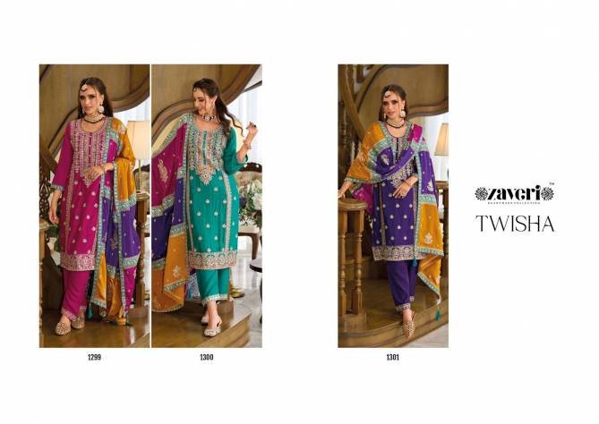 Zaveri Twisha Embroidery Chinon Top Bottom With Dupatta Heavy Readymade Suits Wholesalers In Delhi
